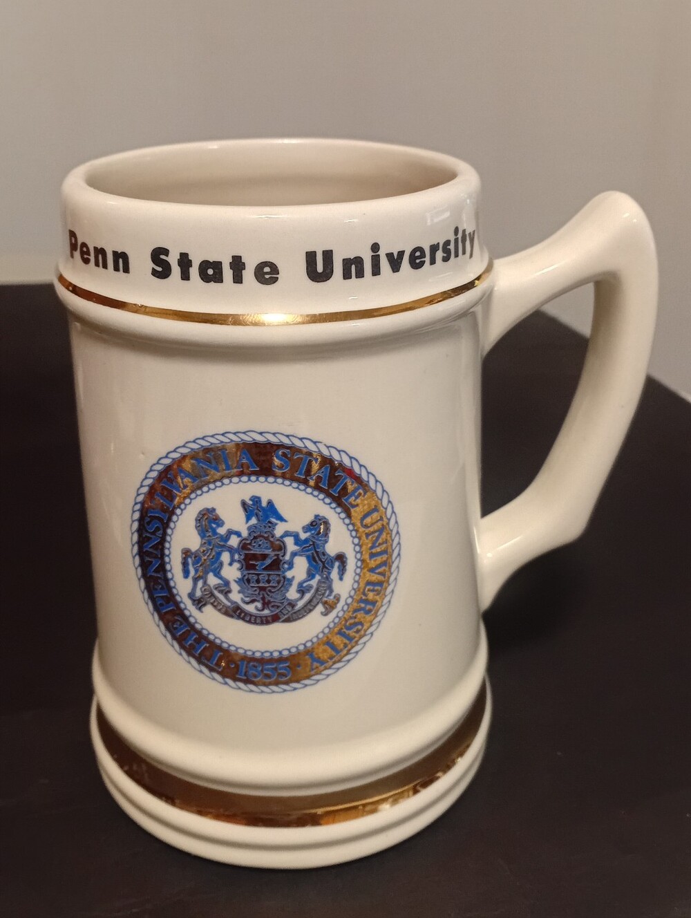 Vintage Penn State University White and Gold Ceramic Beer Stein Large Mug